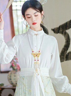 新品搭配马面裙j上衣长袖新中式衬衫改良汉服国风女装白色立领衬