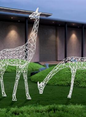 极速来图定制户外草坪大象不锈钢镂空长颈鹿O雕塑钢丝线条网格鹿