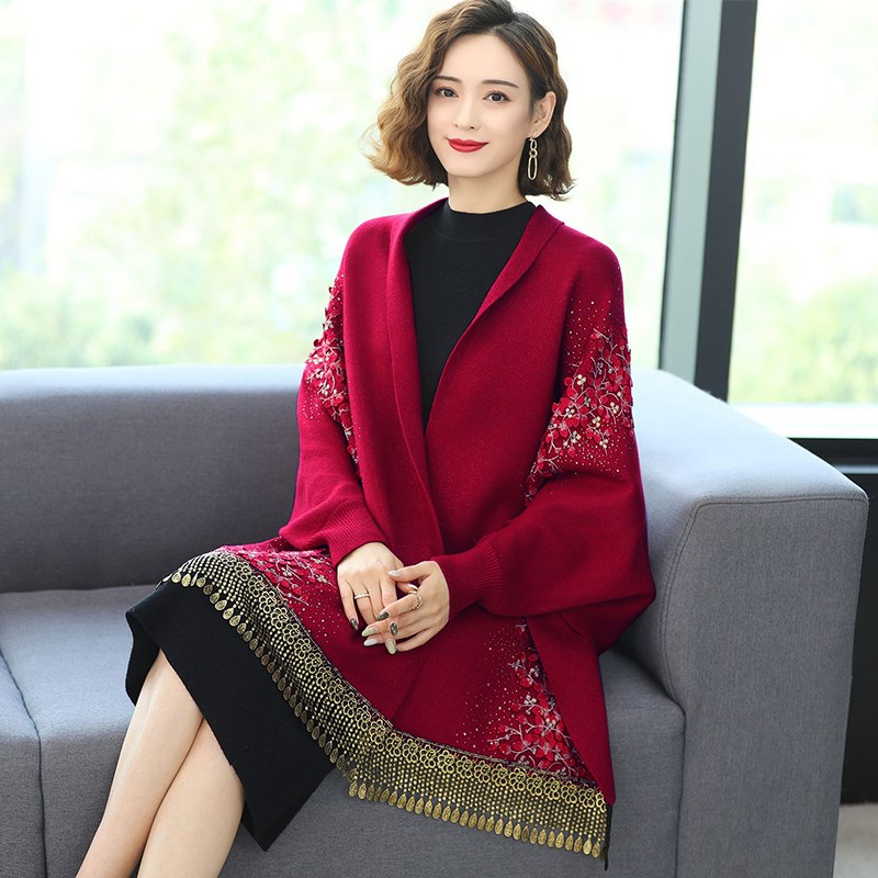 极速秋冬喜婆g婆妈妈配旗袍披肩外搭带袖子流苏婚礼斗篷外套优雅