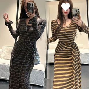 长裙女装 流行爆款 外搭披肩2025秋冬新款 纯欲辣妹撞色条纹连衣裙