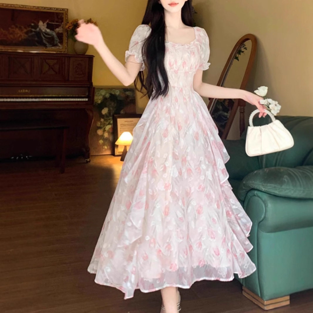 初恋法式方领浪漫碎花雪纺连衣裙女夏季大码气质收腰显瘦仙女长裙