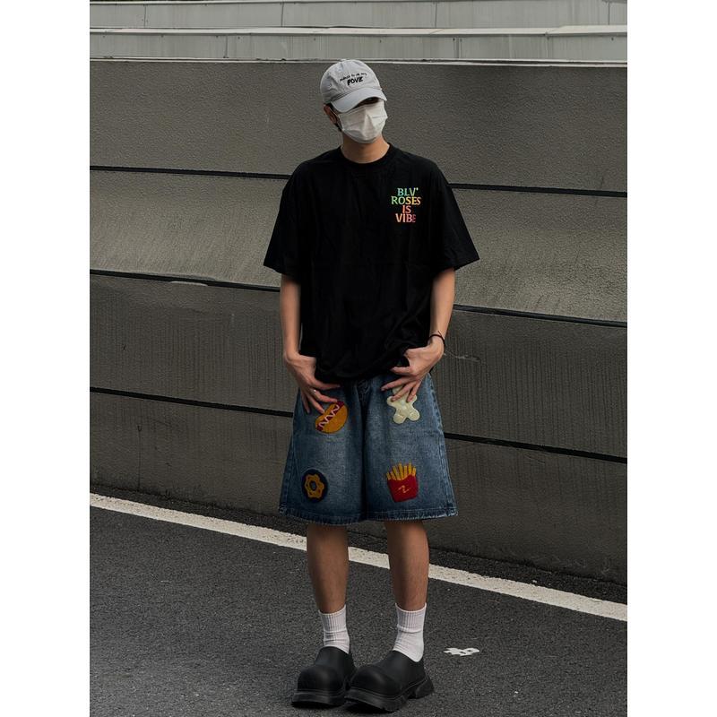 美式复古刺绣牛仔短裤男