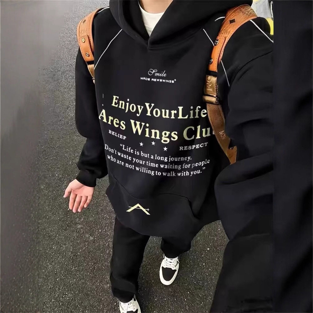 美式复古字母印花连帽衫卫衣男女秋季新款国潮牌宽松高街情侣外套