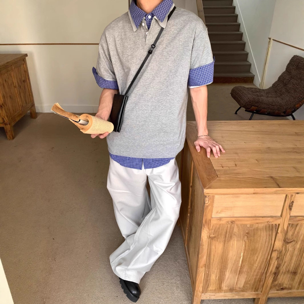 灰色假两件短袖polo衫男款高级感格纹正肩t恤翻领半袖体恤衫2025