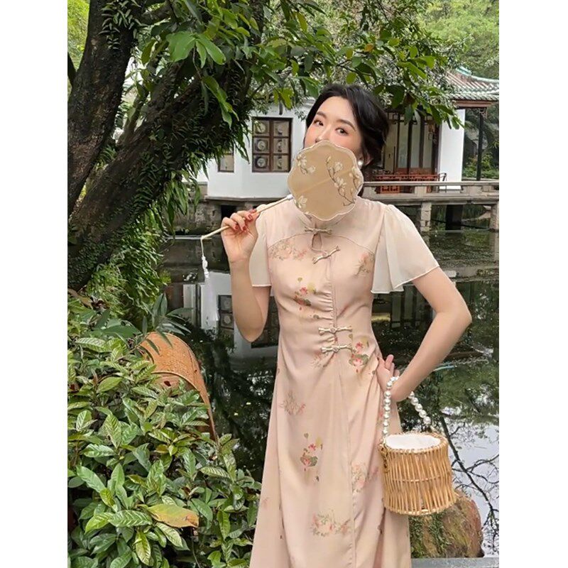 速发胖妹妹大新码中式改良旗袍2夏24新款0季收腰汉元素印花连衣裙