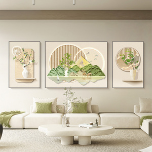速发高级感客画装饰画福鹿墙油风三联画清新绿植奶壁挂厅沙发背景