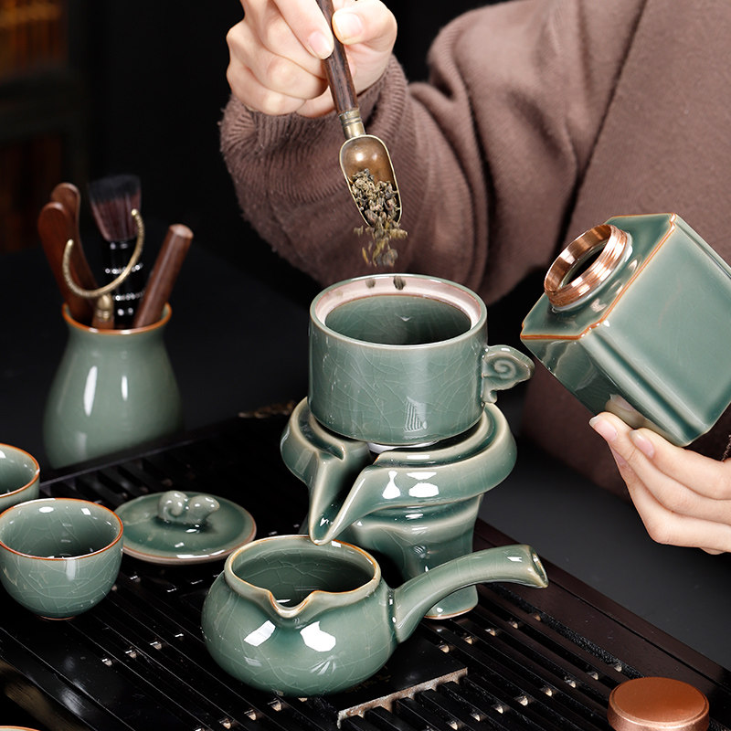 速发哥窑功夫茶具套装2025新款家用自动石磨懒人泡茶防烫神器盖碗