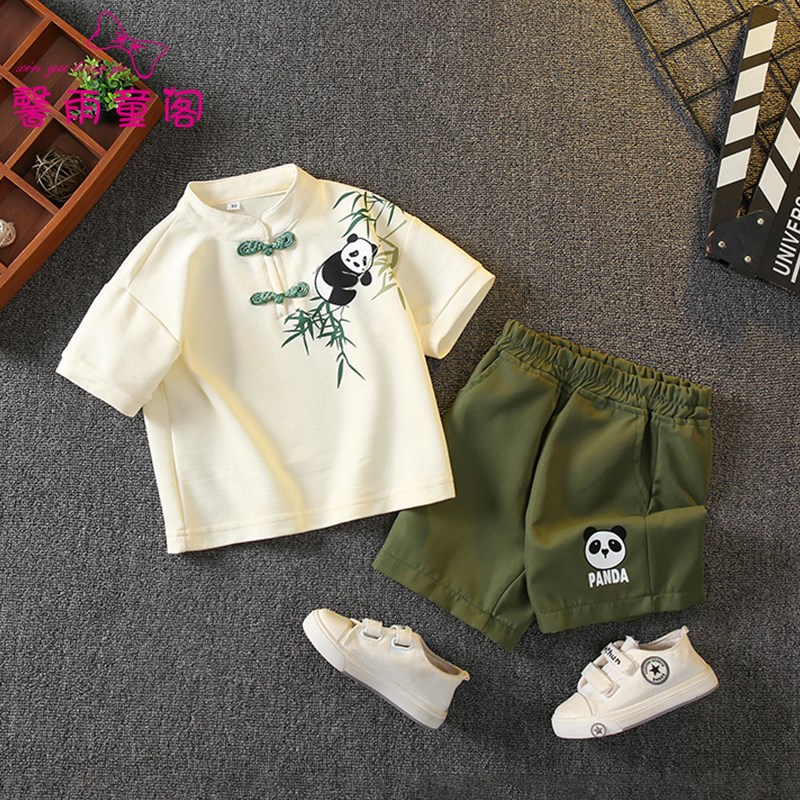 汉服男童国风套装夏季新中式宝宝熊猫衣服复古风帅气儿童唐装