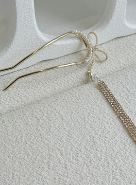 c528气质2025新款百搭新中式仙气蝴蝶结流苏珠珠u型蝴蝶结发簪