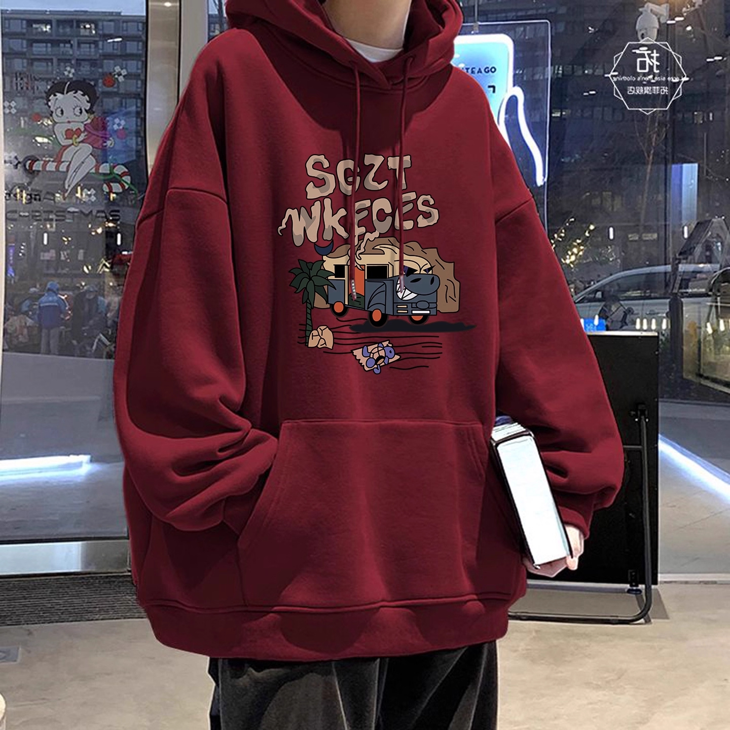 中大童酒红色连帽卫衣男童秋冬潮