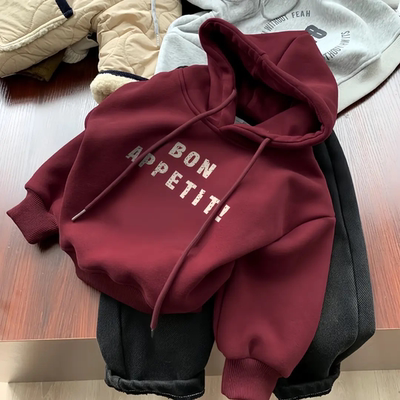 儿童酒红色连帽卫衣男女童秋冬潮