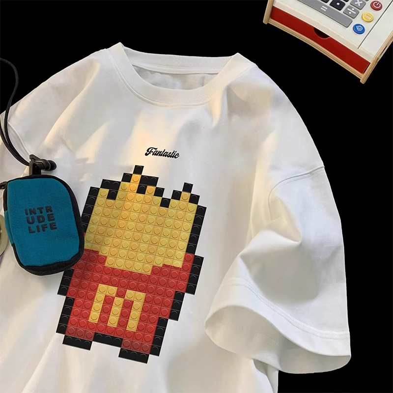儿童像素风薯条纯棉男女童短袖t恤夏季美式中大童宽松半袖衫上衣