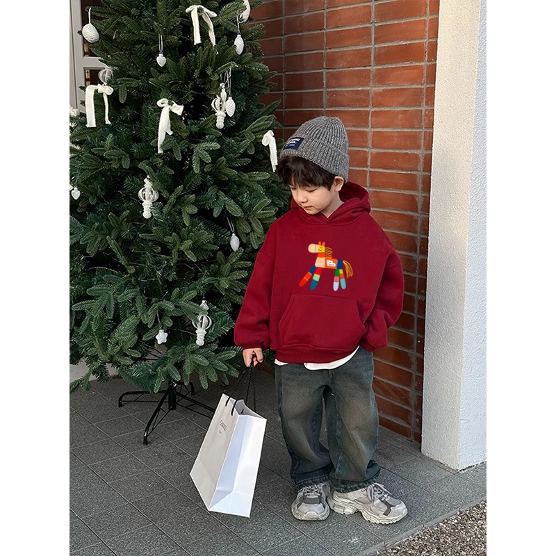 儿童酒红色连帽卫衣男女童秋冬潮