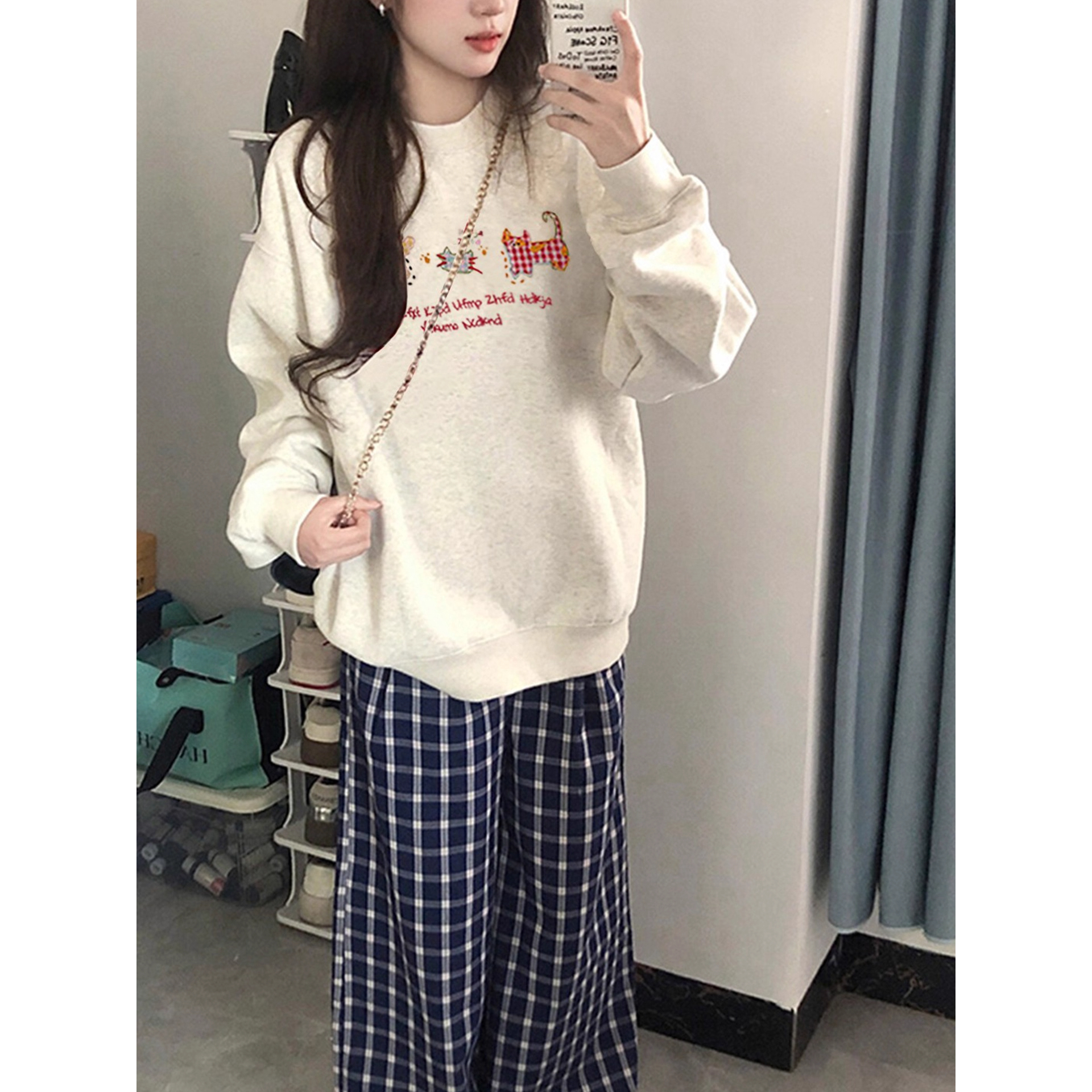 儿童美式复古白灰色圆领卫衣童装