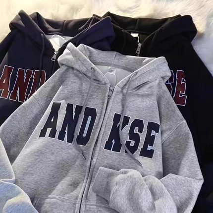 中大童连帽开衫卫衣男女童秋冬美式痞帅潮牌儿童加绒加厚拉链外套