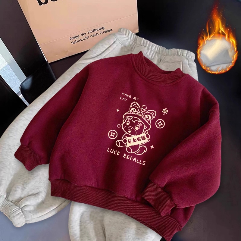 男女童马年酒红色卫衣秋冬加绒潮