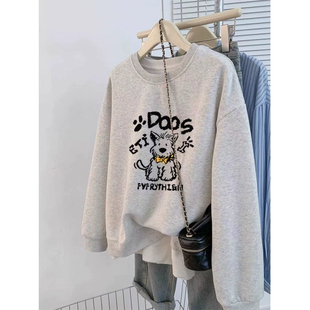 儿童美式白灰色圆领卫衣男女童秋冬加绒加厚中大童长袖打底衫上衣