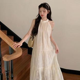 茶歇海边度假长款 绝美挂脖法式 无袖 露肩连衣裙女夏季 裙子 2025新款