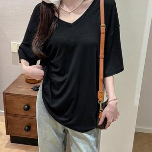 夏季 新款 V领宽松慵懒风设计感气质短袖 T恤女简约休闲纯色打底衫