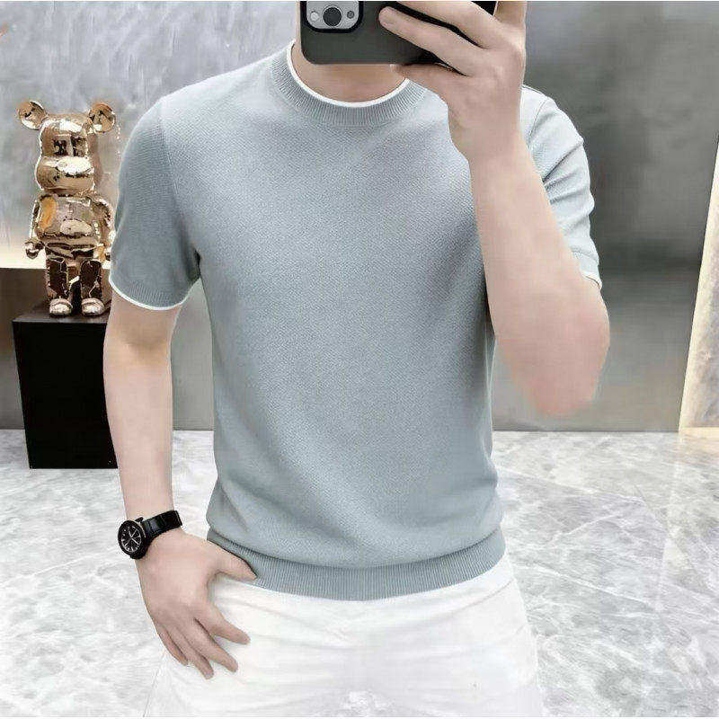 休闲风短袖T恤男夏季圆领浅灰色百搭修身针织衫上衣