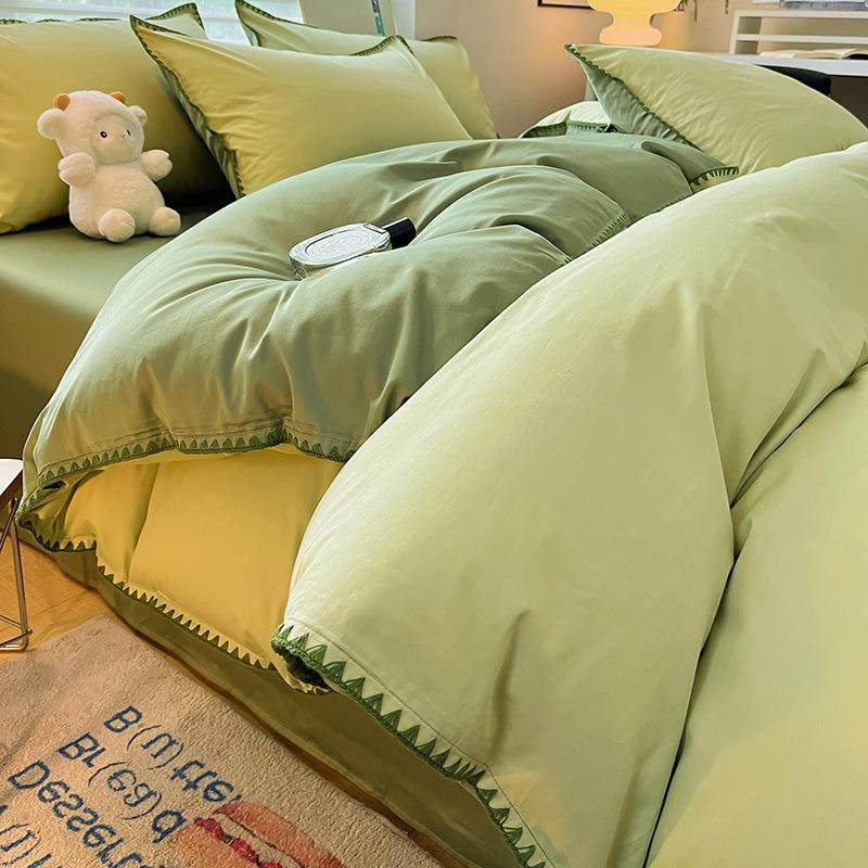 简约全棉纯色四件套纯棉新款床单床笠款贝壳边学生宿舍三件套