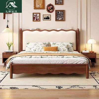 法式实木床现代简约复古储物婚床1.5米1.8双人主卧波浪软包实木床