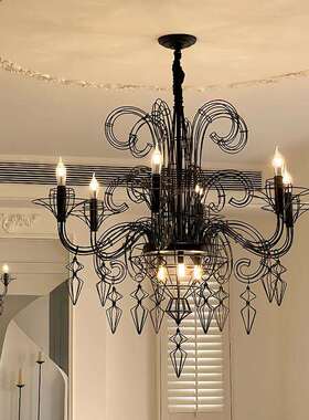 法式巴洛克复古客厅吊灯美式中古黑色线条蜡烛吊灯别墅楼梯装饰灯