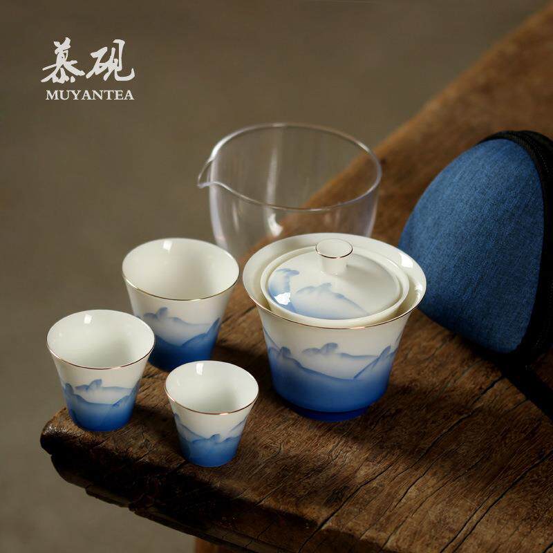 慕陶旅行茶具套装手工一壶三杯盖碗带便携包快客盖杯
