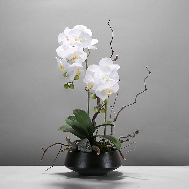 新中式仿真蝴蝶兰白色永生苔藓绿植花艺摆件样板间售楼部洽谈桌