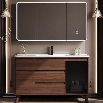 新中式胡桃木色浴室柜组合卫生间陶瓷一体落地式洗手洗脸台盆套装