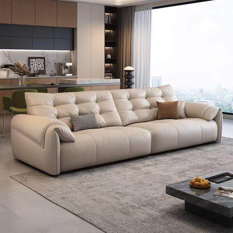 现代简约高靠背皮艺直排沙发意式极简大象耳朵真皮沙发组合通用木