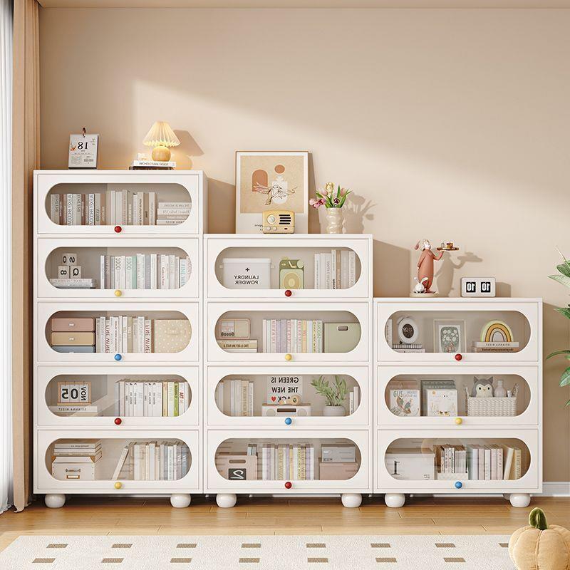 实木书架落地置物架带玻璃门奶油风书柜防尘储物柜子组合客厅家用