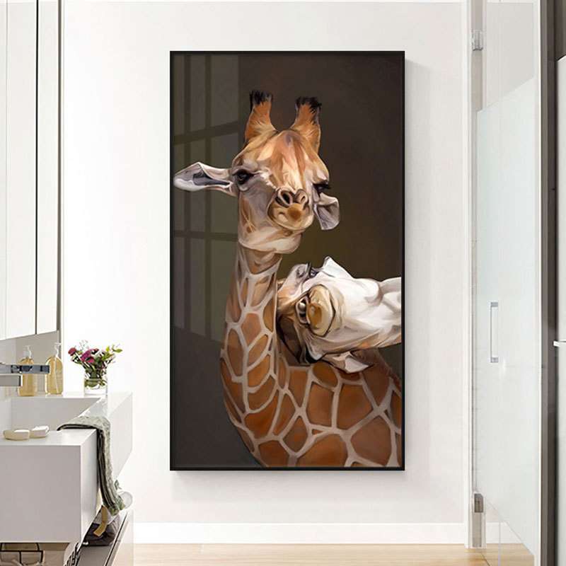 现代简约玄关竖版装饰画长颈鹿温馨动物壁画走廊过道卧室餐厅挂画图片