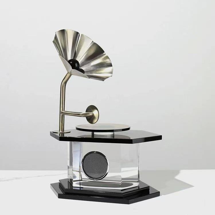 轻奢复古水晶留声机摆件样板房售楼部客厅电视柜桌面玄关软装饰品