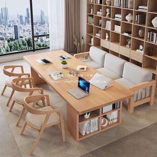 大班桌实木大书桌书柜一体简约工作台客厅双人阅读学习办公桌