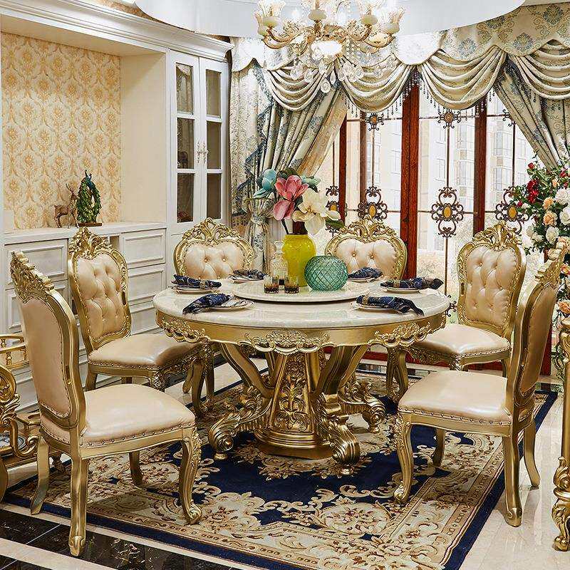 欧式大理石圆桌实木雕花餐桌椅组合美式圆形香槟金奢华家用饭桌