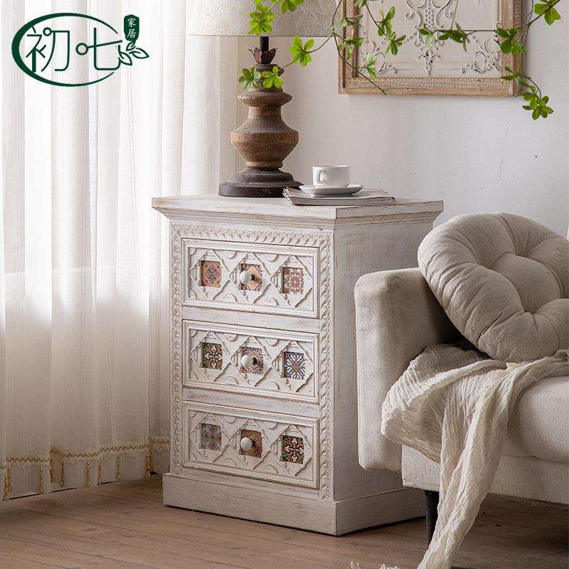 地中海风彩绘复古抽屉斗柜美式田园床头柜收纳柜卧室客厅实木边柜