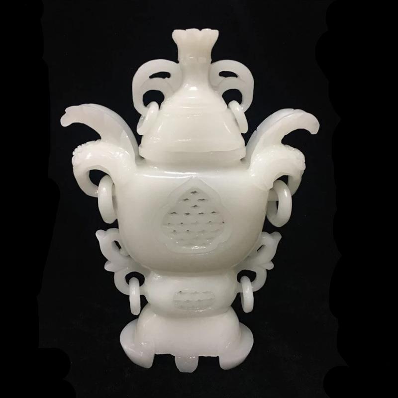 阿富汗玉白玉花瓶摆件镂空雕刻瓶平安A货如意仿古瓶家居摆设