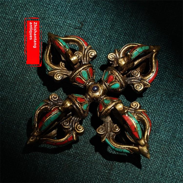 纯铜彩绘纯手工镶嵌宝石十字多杰降魔法器尼泊尔密宗法器