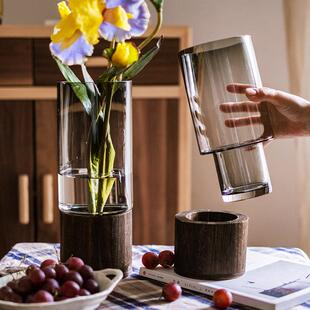 掬涵木托玻璃花瓶摆件直筒水培鲜花客厅餐桌干燥花插花装饰轻奢花