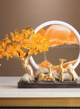 黄水晶发财树福鹿流沙画摆件客厅玄D关装饰办公室乔迁开业礼物招