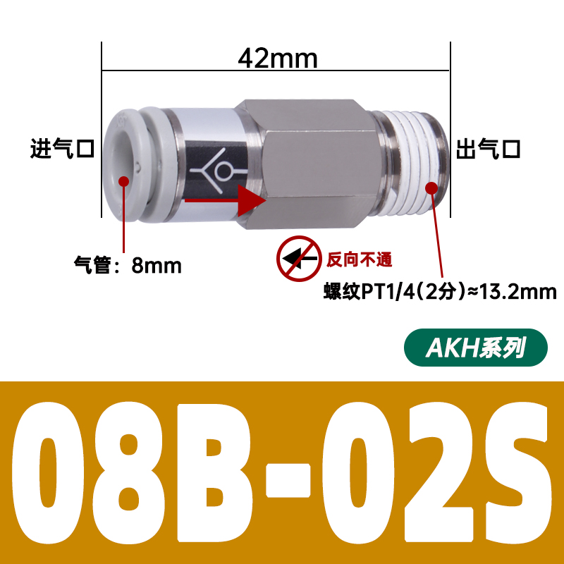 空气止回阀气动单向阀接头AKH04B06B08B10B12B气路01M5-02 03 04S