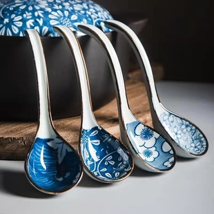 速发4只装家用中号汤勺长柄陶勺喝汤勺创意简约日式弯瓷调羹汤匙