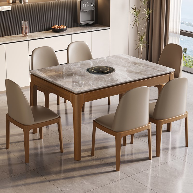 速发实木餐桌简约家1小户型用.5米岩板方桌带电磁炉8人形方长饭桌