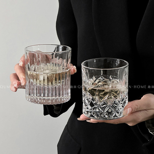 高级感威士忌酒杯轻奢家用洋酒杯小众玻璃刻花啤酒杯子 趣皿