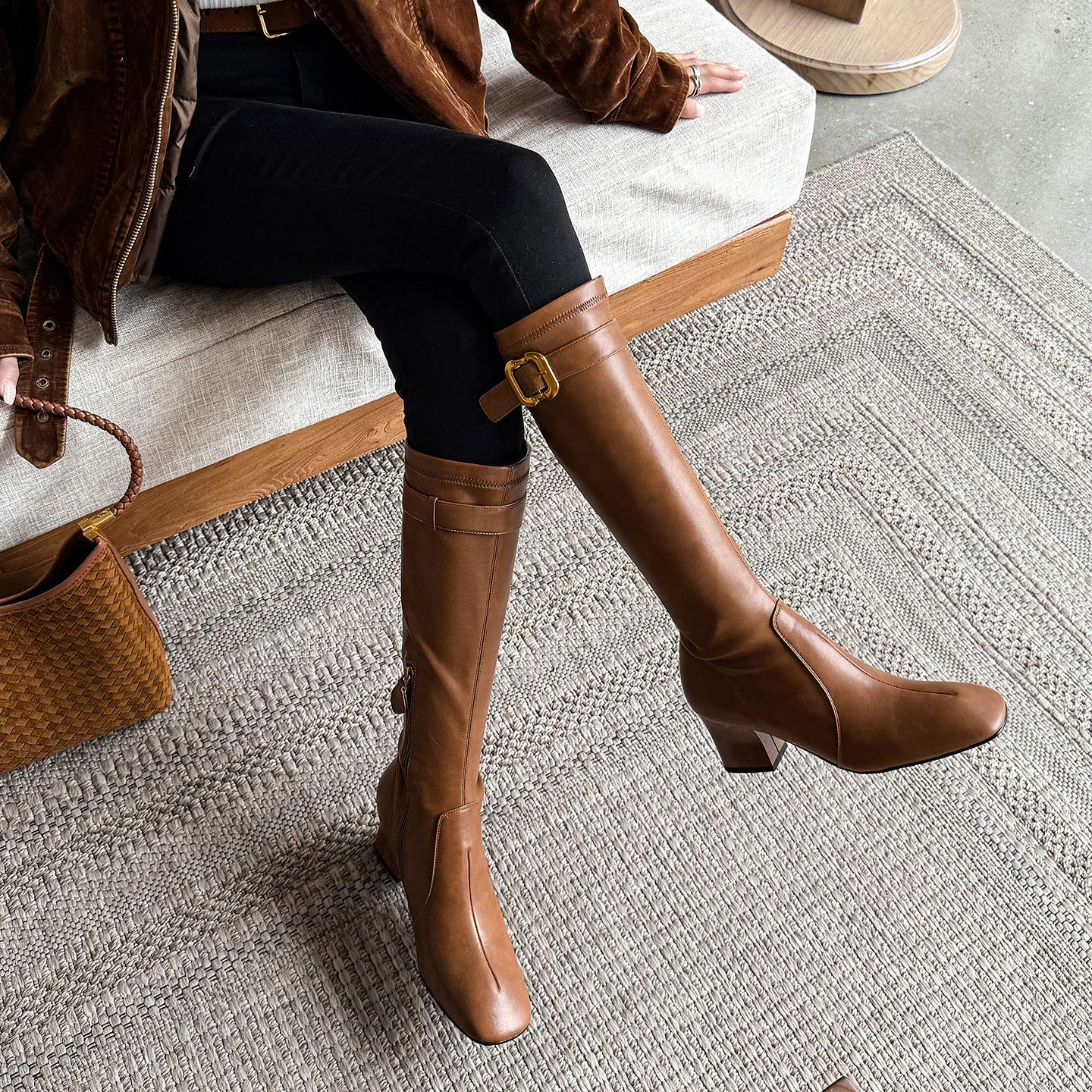 6.5cm方头粗跟长筒牛皮骑士靴