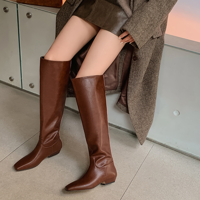 3cm时尚方头粗跟长筒骑士靴女百搭纯色韩版风套筒牛皮堆堆时装靴