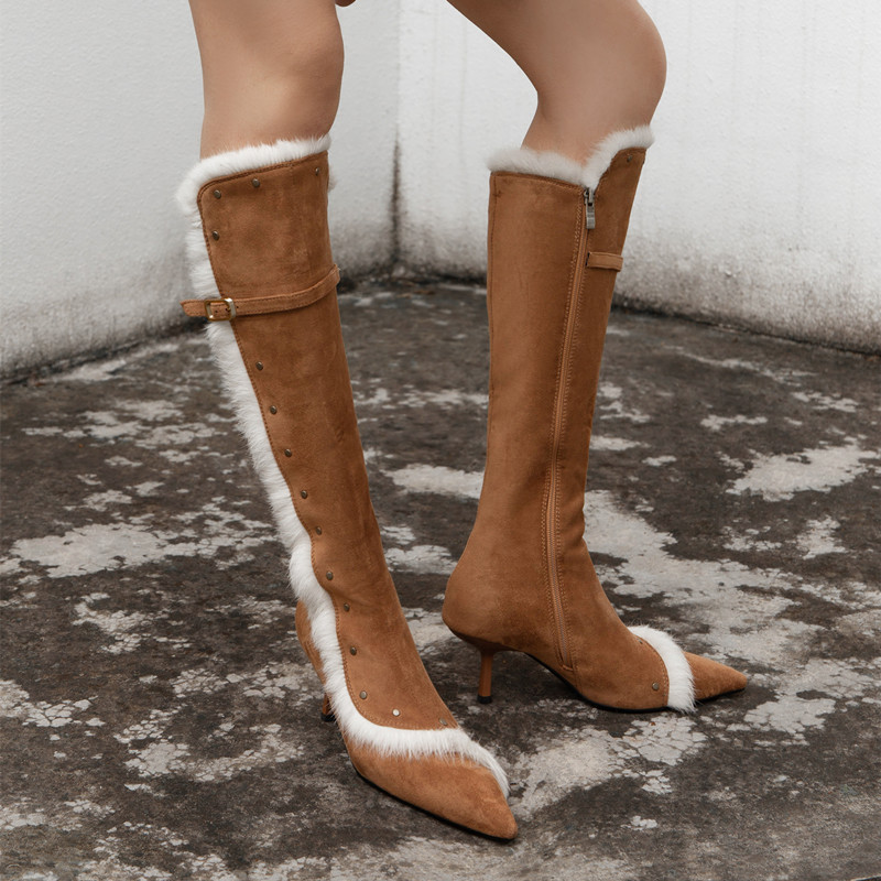 6cm尖头铆钉绒面细跟时装靴