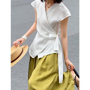 休閑苧麻襯衫 橘芷夏季 新款 時(shí)尚 女不規(guī)則背心百搭上衣8011