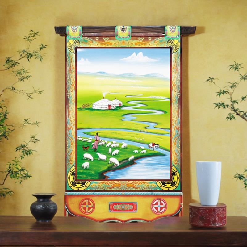 蒙古皮画特色工艺品蒙古包餐厅装饰画成吉思汗玄关挂画民族风轴画图片